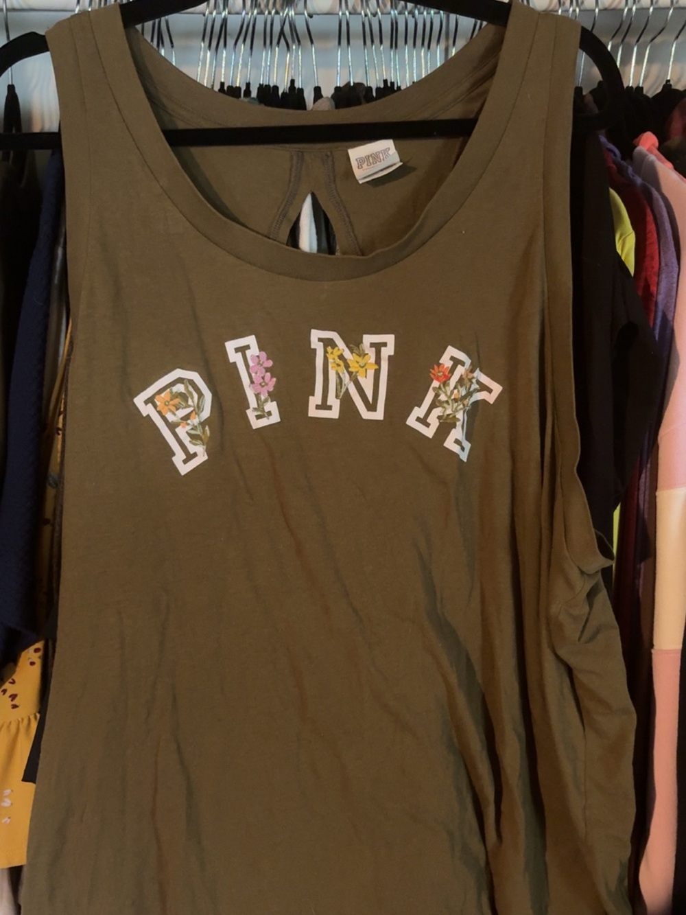 PINK Victoria's Secret Olive Tank with Floral Lettering